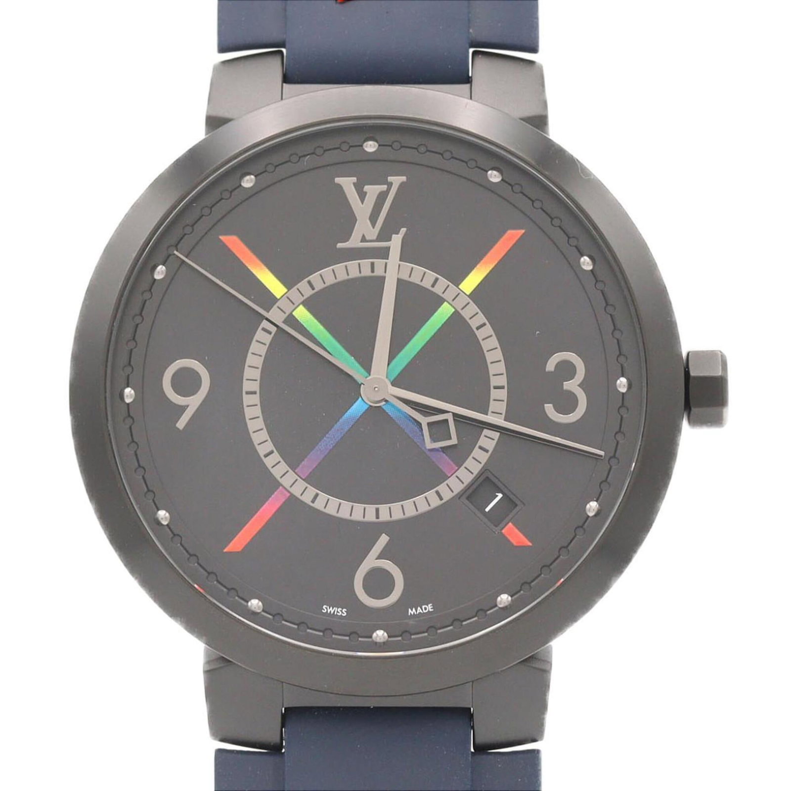 Louis Vuitton Wristwatch: Louis Vuitton Wristwatch Stainless steel and rubber combine in this Louis Vuitton wristwatch, featuring a black dial and quartz movement. The case measures 39mm in diameter, making it a sleek and comp