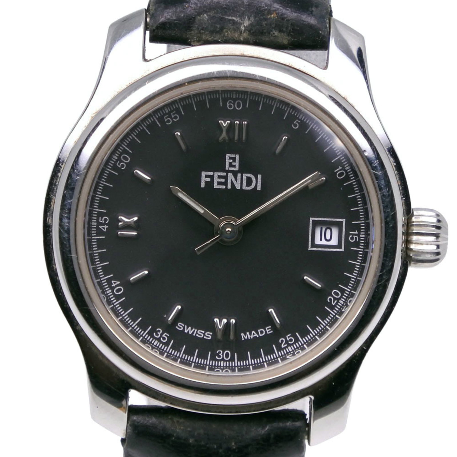 Fendi Wristwatch: Fendi Wristwatch Stainless steel case and black leather band make for a sleek, sophisticated look. This Fendi wristwatch boasts a quartz movement and a compact 26mm diameter, perfect for everyday wear