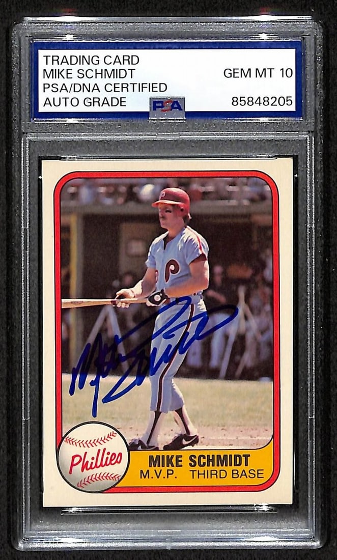 Mike Schmidt 1981 Fleer Card #5 Phillies HOF Signed PSA/ DNA Auto GEM 10 208810: Mike Schmidt 1981 Fleer Card #5 Phillies HOF Signed PSA/ DNA Auto GEM 10 208810 Signed by Mike Schmidt, the legendary Phillies third baseman and Hall of Famer, this 1981 Fleer card is a must-have for 