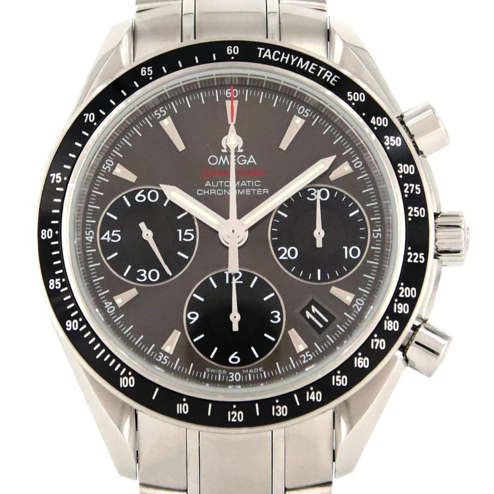 Omega Wristwatch: Omega Wristwatch Stainless steel case and band provide a sleek, durable foundation for this Omega wristwatch. The self-winding automatic movement powers a black and gray dial, while the 40mm case diam