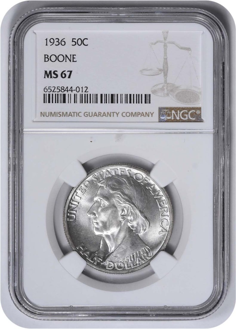 MS67 NGC Commemorative Half Boone 1936: MS67 NGC Commemorative Half Boone 1936 MS67 NGC Commemorative Half Dollar, minted in Philadelphia in 1936, boasts an impressive grade of MS67 and features a reeded edge. This uncirculated coin is made