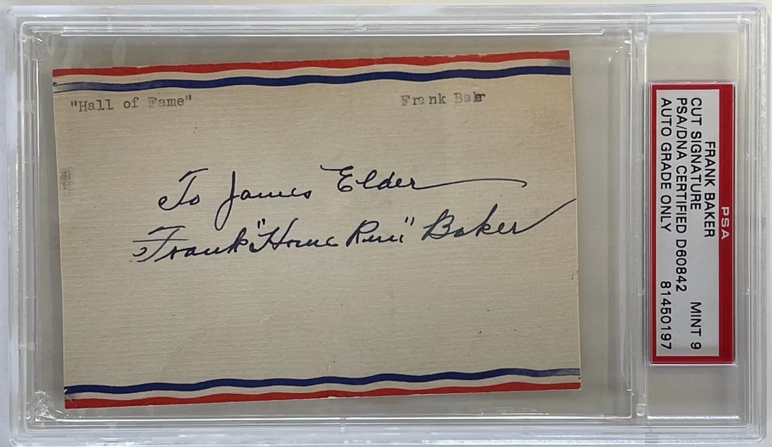Frank "Home Run" Baker Autographed 3x5 Index Card (PSA) Mint 9 (1 of 2)