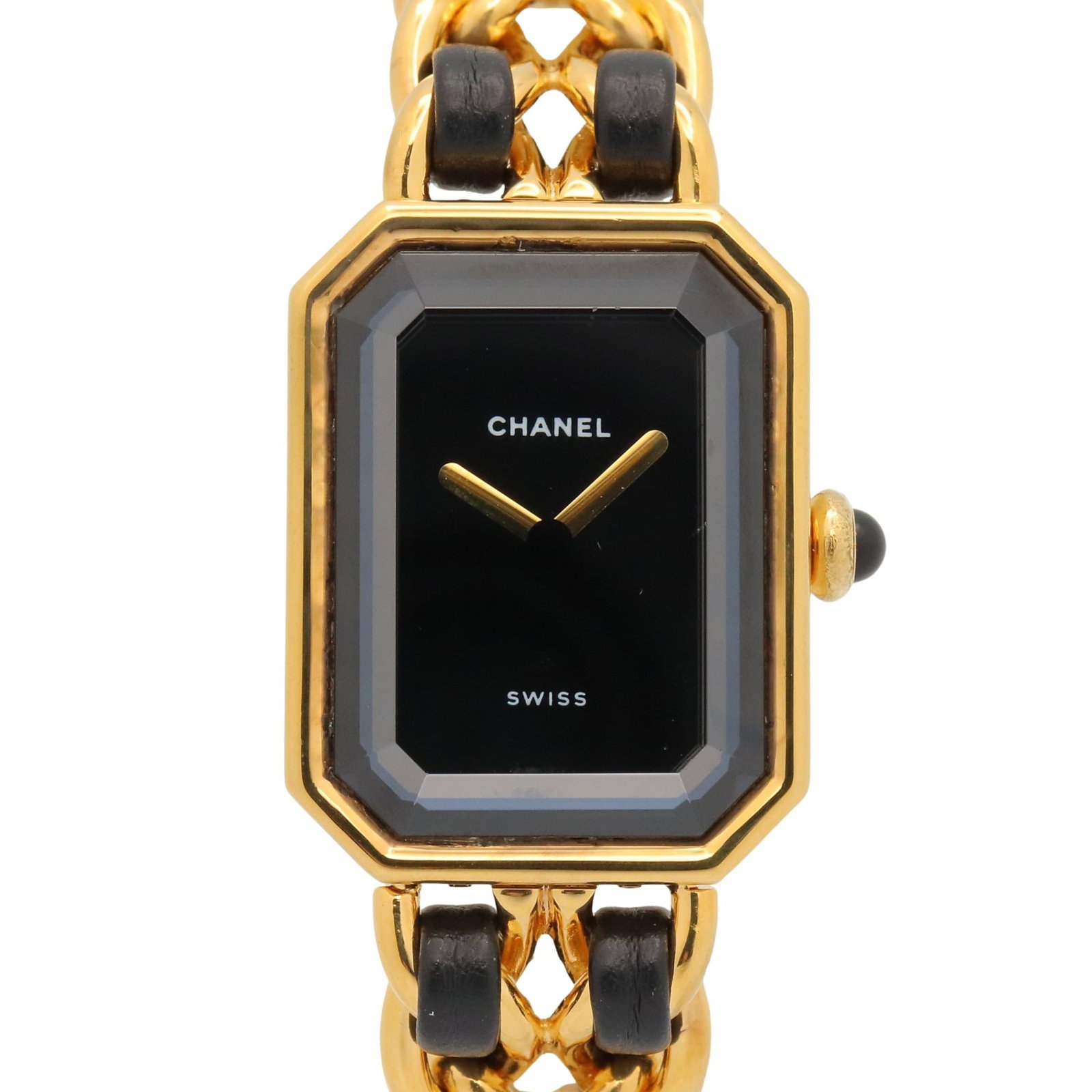 Chanel Wristwatch: Chanel Wristwatch Gold plated, leather-strapped Chanel wristwatch with a black dial and quartz movement. Measuring 20mm in diameter, this stylish timepiece features a sleek design that complements its