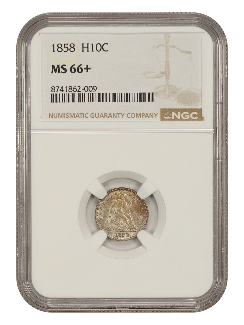 H10C NGC MS66+ Liberty Seated Half Dime 1858: H10C NGC MS66+ Liberty Seated Half Dime 1858 The H10C NGC MS66+ Liberty Seated Half Dime 1858 is an uncirculated coin with a high level of detail and rich history. Certified by the Numismatic Guaranty