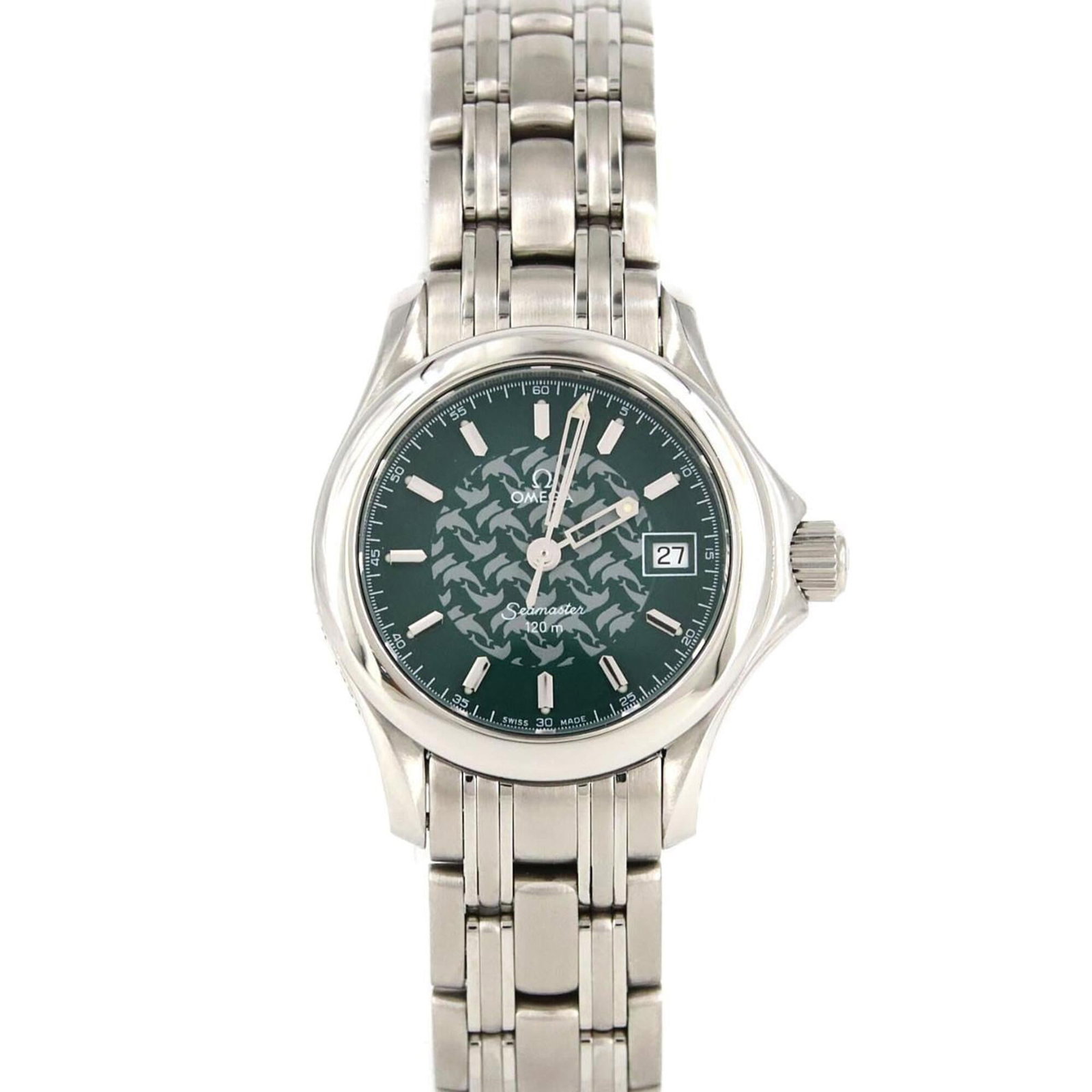 Omega Wristwatch: Omega Wristwatch Stainless steel case and band provide a sleek, modern look. The green quartz movement powers the timepiece, keeping it accurate and reliable. With its 26.5mm diameter and comfortable 