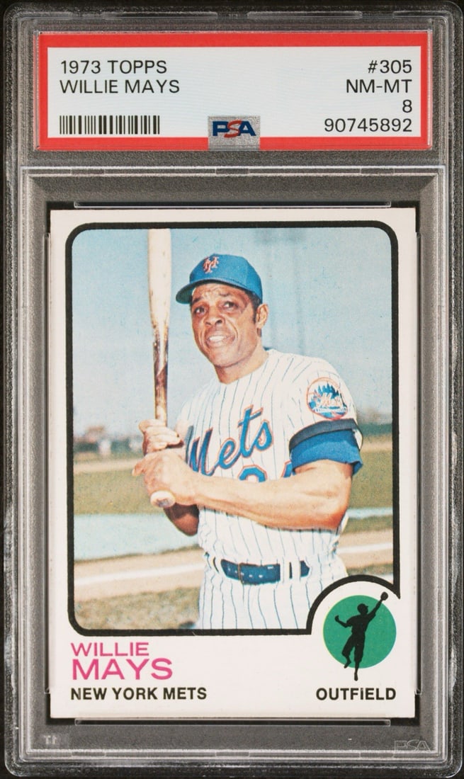 TOPPS WILLIE MAYS 1973 #305 8: TOPPS WILLIE MAYS 1973 #305 8 This 1973 Topps baseball card features Willie Mays, one of the greatest players in MLB history, with a PSA grade of 8. The card is part of the iconic 1973 set and showcas