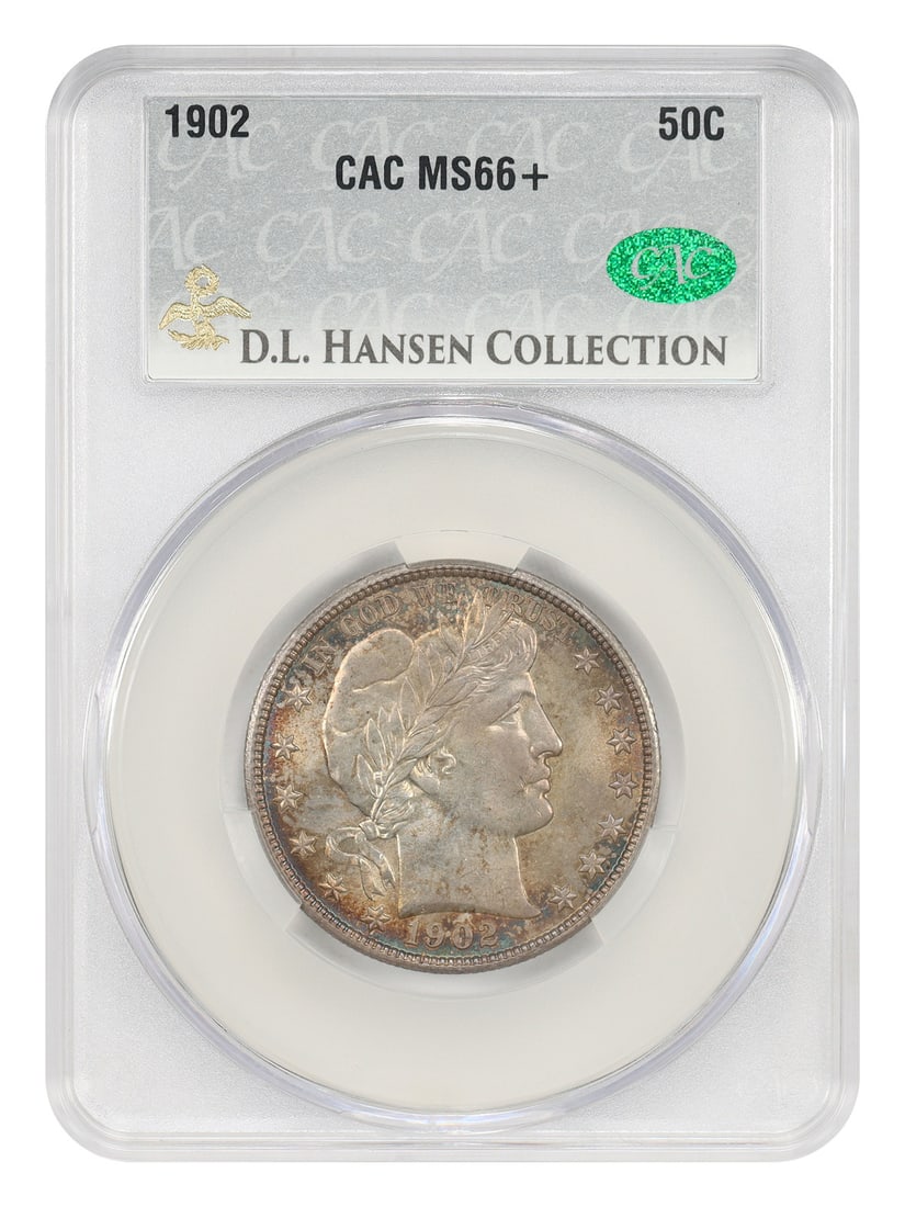 1902 50C CACG MS66+: 1902 50C CACG MS66+ The 1902 50C coin, certified MS66+ by CACG, boasts exceptional minting quality with its Philadelphia mint mark. This uncirculated specimen showcases the coin's natural beauty and h