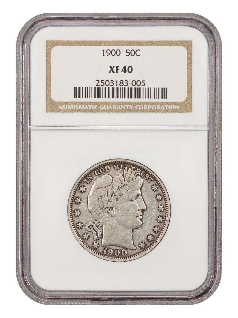 Barber Half Dollar 50C XF40 1900: Barber Half Dollar 50C XF40 1900 The Barber Half Dollar, minted in Philadelphia in 1900, boasts its original circulated condition with minor wear. Certified by the NGC as an XF40, this coin showcases