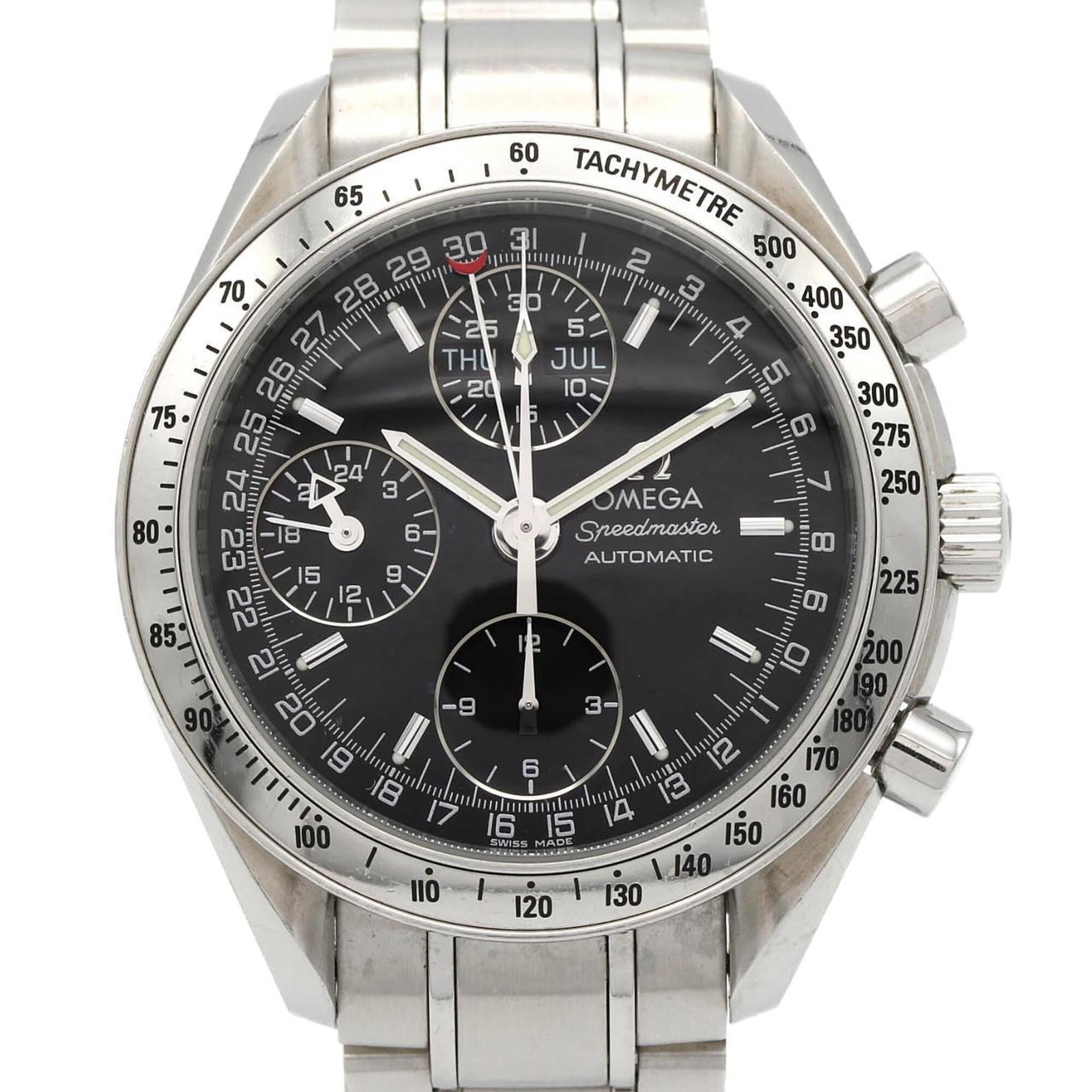 Omega Wristwatch: Omega Wristwatch Stainless steel case and band provide a sleek, durable foundation for the Omega wristwatch. The self-winding automatic movement powers a black dial, while the 38mm diameter case fits