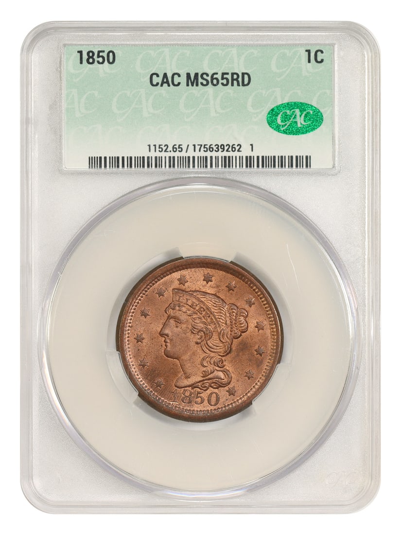 1850 1C CACG MS65RD - Braided Hair Cent - Gem Type Coin: 1850 1C CACG MS65RD - Braided Hair Cent - Gem Type Coin The 1850 Braided Hair Cent, graded MS65RD by CACG, boasts a rich history as one of the earliest coins in the United States. This uncirculated sp