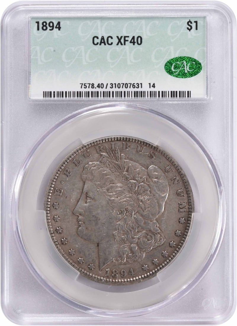 Morgan Silver Dollar 1894 CACG EF40: Morgan Silver Dollar 1894 CACG EF40 The Morgan Silver Dollar, minted in 1894, boasts an impressive EF40 grade, indicating exceptional condition with minor wear. This Circulated coin features a strikin