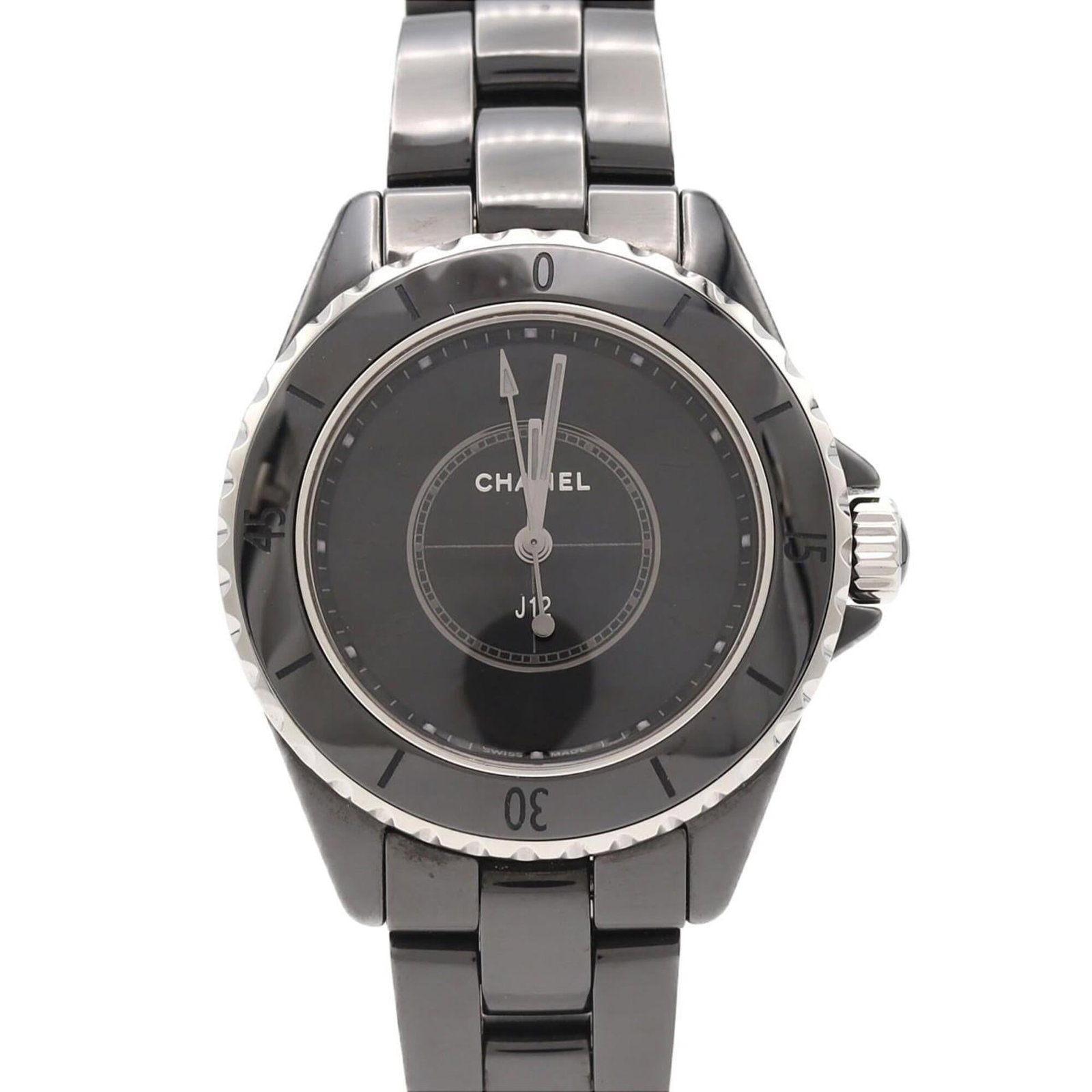 Chanel Wristwatch: Chanel Wristwatch Ceramic case and band make this Chanel wristwatch a sleek and modern accessory. The black dial provides a clean backdrop for its quartz movement, while the 33mm diameter fits comfort