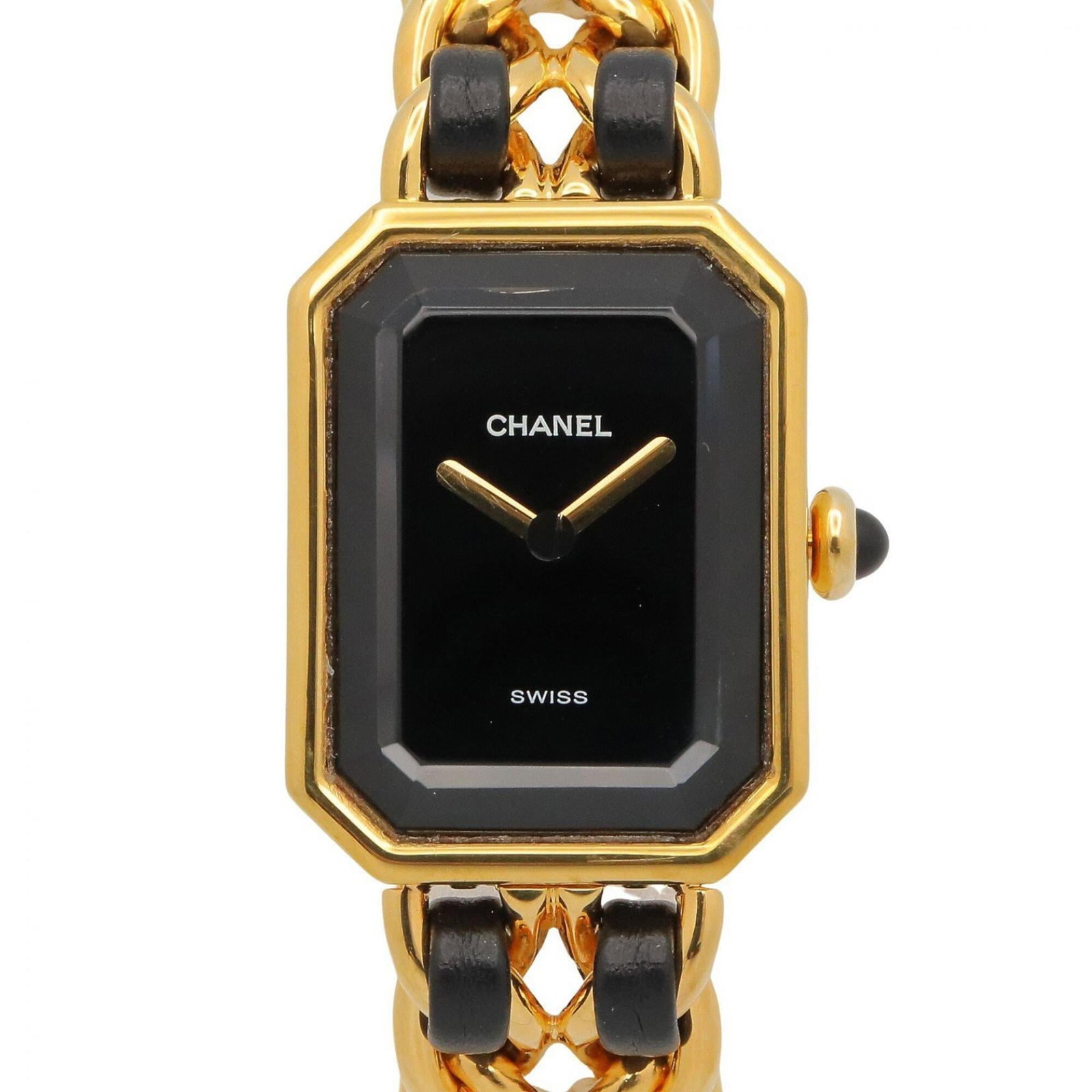 Chanel Wristwatch: Chanel Wristwatch Gold plated, leather-strapped Chanel wristwatch with a black dial and quartz movement. Measuring 20mm in diameter, this stylish timepiece features a sleek design that complements