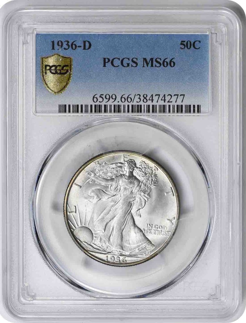 1936-D Walking Liberty Silver Half Dollar MS66 PCGS: 1936-D Walking Liberty Silver Half Dollar MS66 PCGS The 1936-D Walking Liberty Silver Half Dollar MS66 PCGS boasts exceptional condition, with its reeded edge and detailed design showcasing the work o