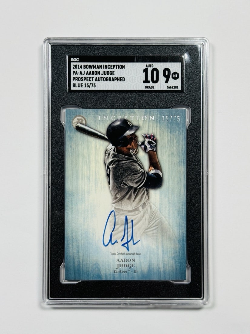 BLUE AARON JUDGE INCEPTION PROSPECT TOPPS AUTO 75 10 9 SGC: BLUE AARON JUDGE INCEPTION PROSPECT TOPPS AUTO 75 10 9 SGC The 2014 Bowman Inception Autograph card features an autograph from Aaron Judge, a prospect at the time, in blue ink. This hard-signed card s