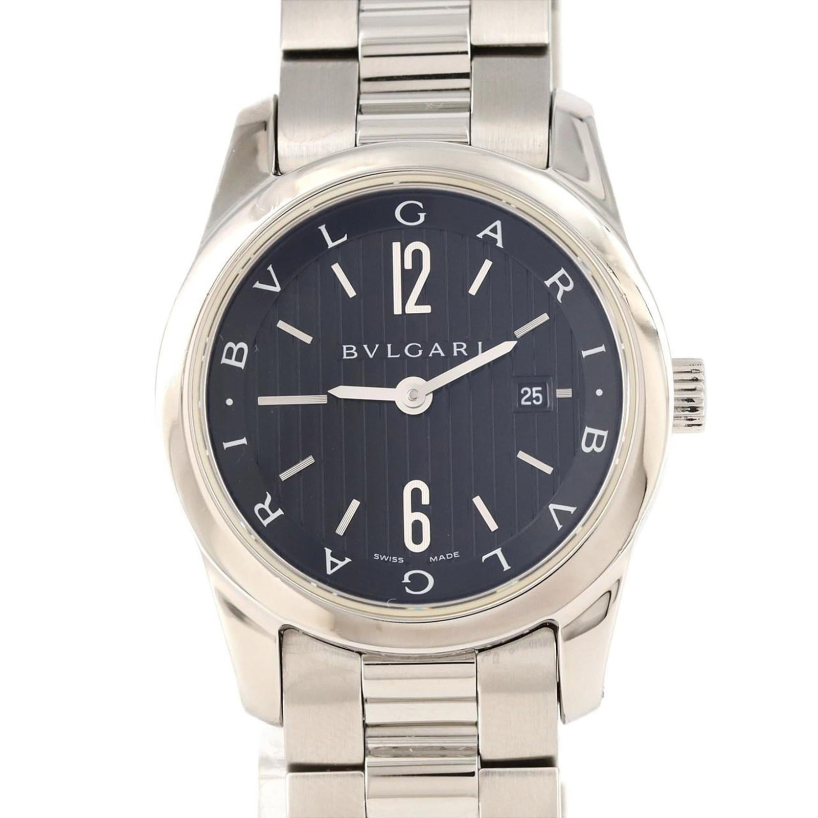 Bvlgari Wristwatch: Bvlgari Wristwatch Stainless steel case and band add a sleek touch to this black Bvlgari quartz wristwatch, measuring 30mm in diameter. The compact size makes it suitable for a variety of wrist