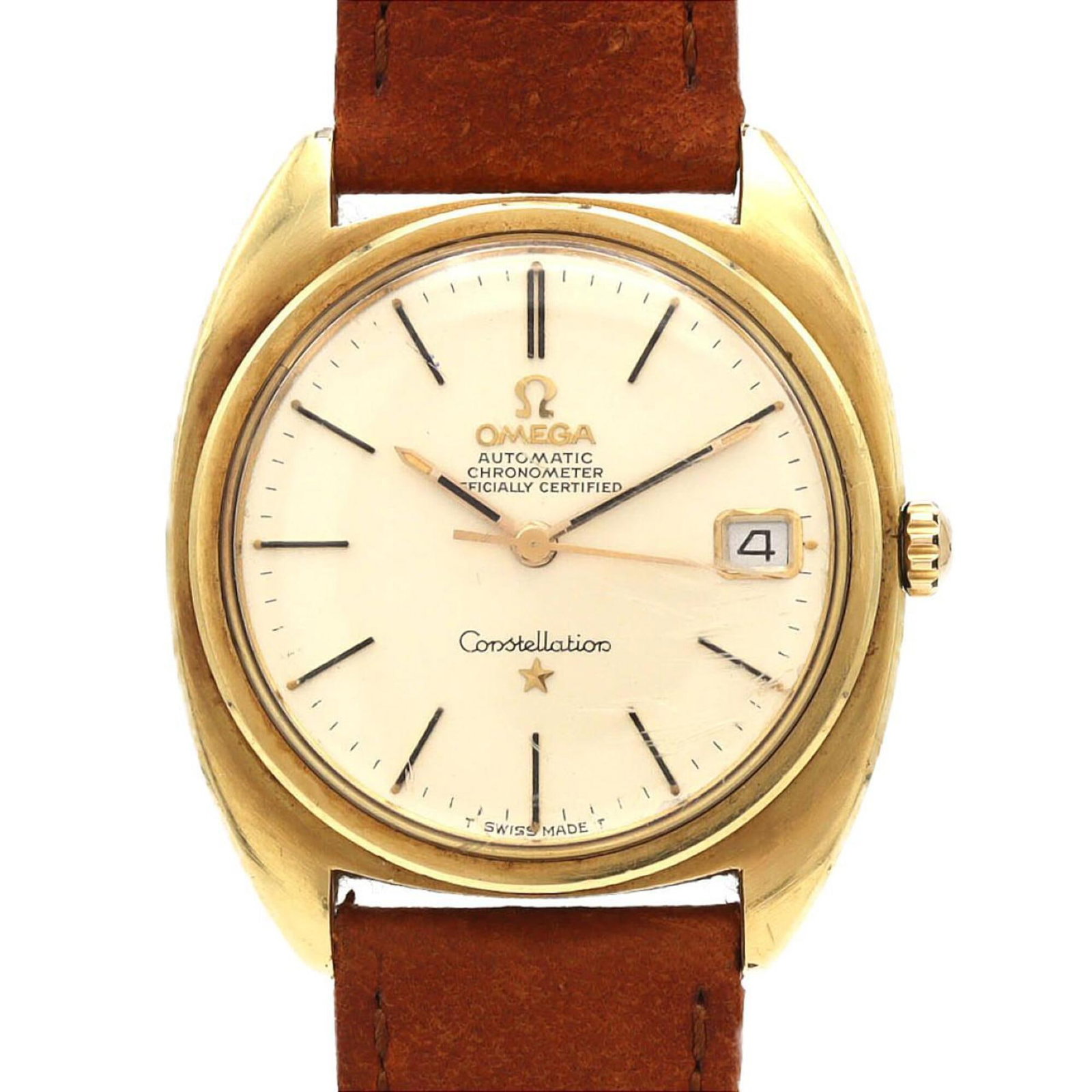 Omega Wristwatch: Omega Wristwatch Omega Wristwatch features a gold plated case and silver dial, powered by a self-winding automatic movement. The watch has a compact 35mm diameter case and bears a signature on the