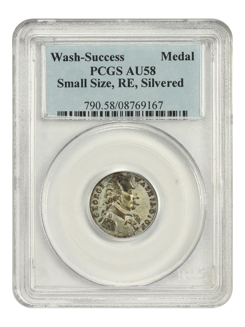 Medal: Washington Success Medal PCGS AU58 (Silvered, Small Size, RE) - Colonials: Medal: Washington Success Medal PCGS AU58 (Silvered, Small Size, RE) - Colonials The Washington Success Medal, PCGS AU58, boasts a striking design featuring the iconic image of George Washington.