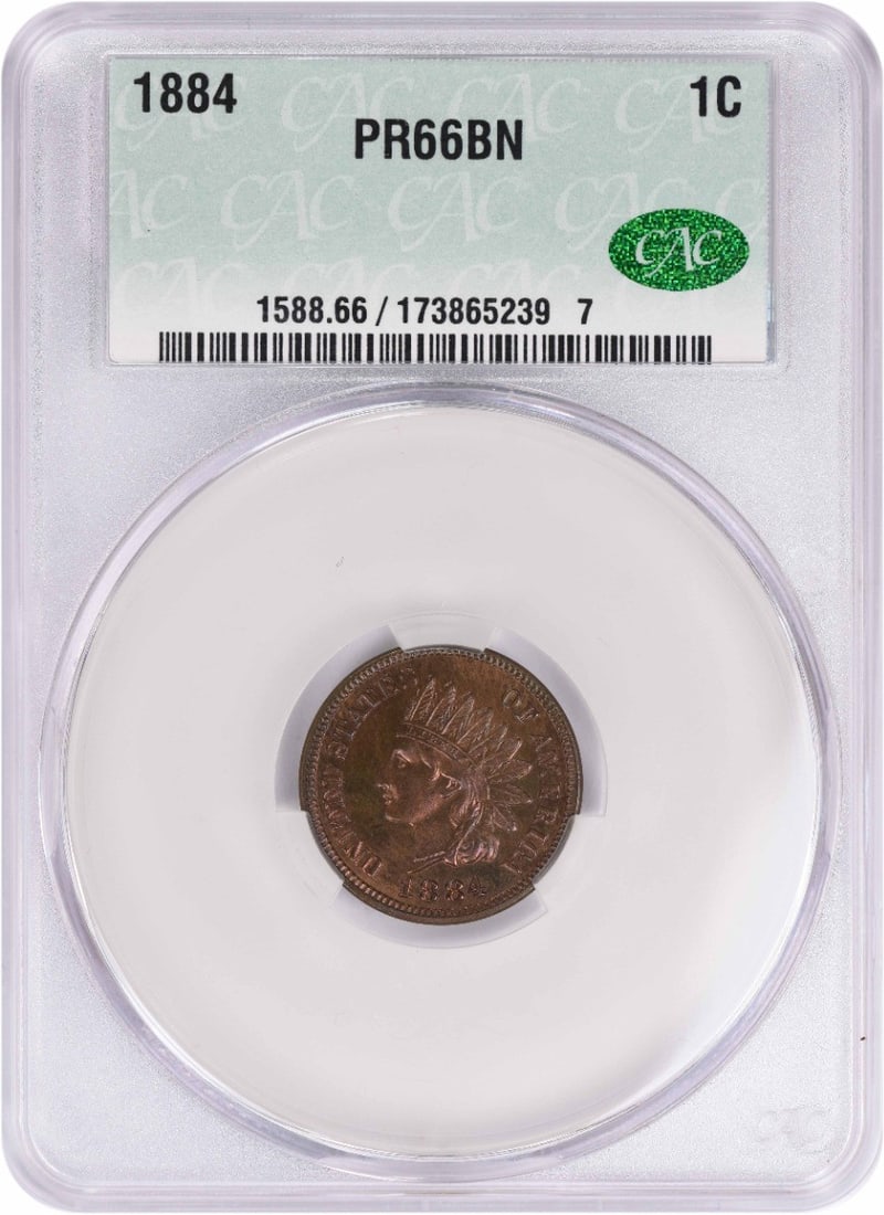 PF66BN CACG 1884 Indian Cent: PF66BN CACG 1884 Indian Cent The PF66BN CACG 1884 Indian Cent boasts an impressive PR66 grade, showcasing exceptional detail and luster. As a proof mint strike type, this coin stands out for its