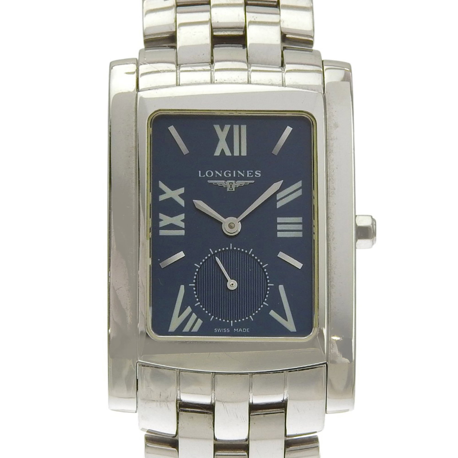 Wristwatch of Longines: Wristwatch of Longines Stainless steel case and band provide a sleek, modern look for the Longines wristwatch. The navy dial stands out against the neutral background, adding a touch of sophistication
