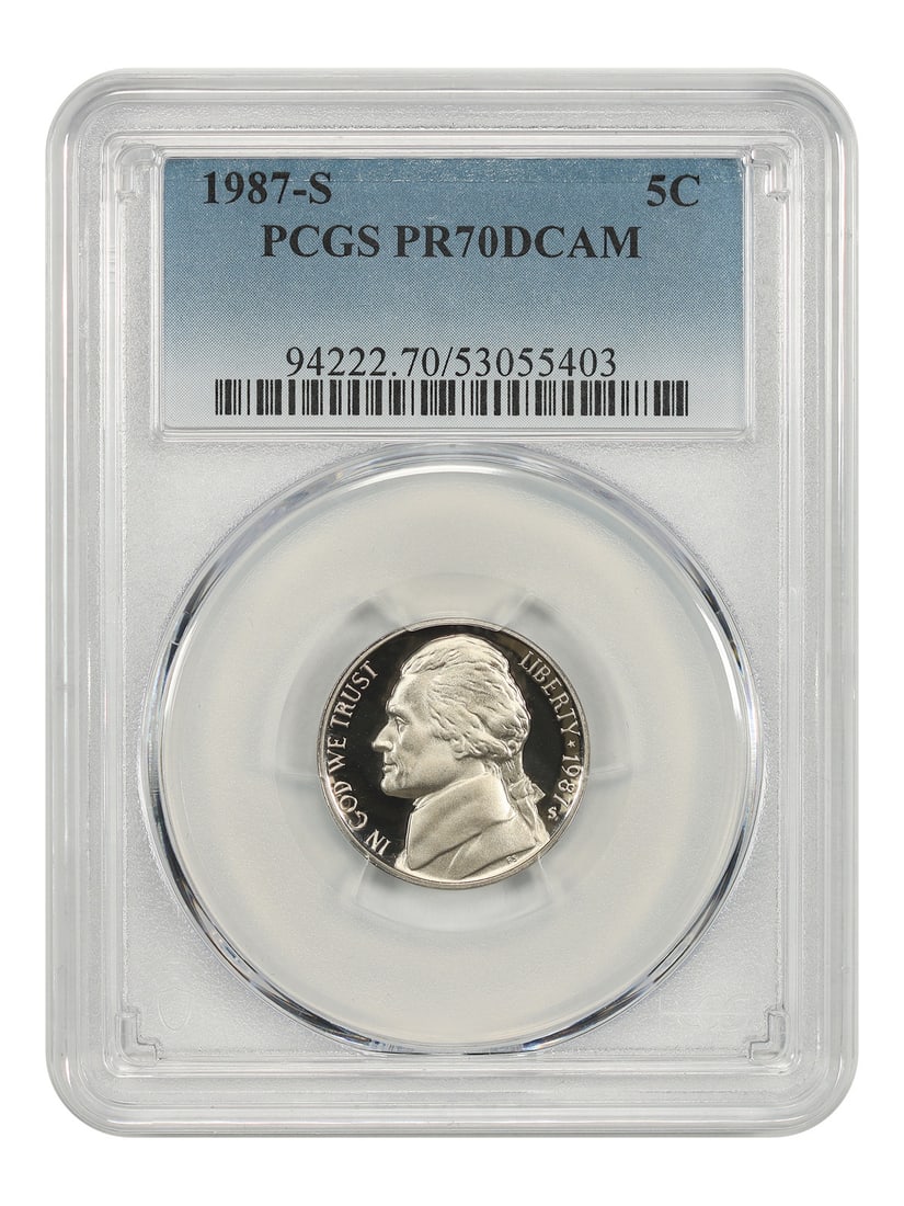 1987-S 5C PCGS PR70DCAM - Jefferson Nickel: 1987-S 5C PCGS PR70DCAM - Jefferson Nickel The 1987-S Jefferson Nickel, graded PR70DCAM by PCGS, showcases exceptional condition with minimal wear. This uncirculated coin features the San Francisco mi