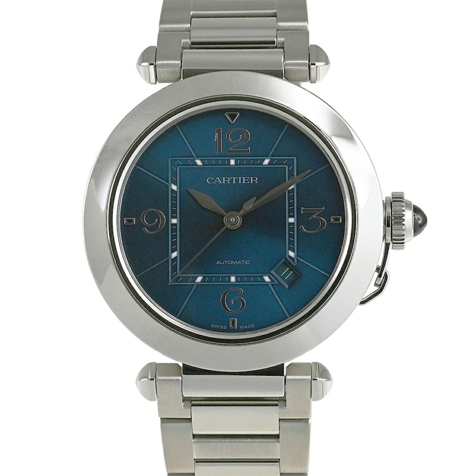 Cartier Wristwatch: Cartier Wristwatch Stainless steel case and band, the Cartier wristwatch boasts a sleek design with a blue analog dial. Powered by a self-winding automatic movement, this timepiece features a classic 