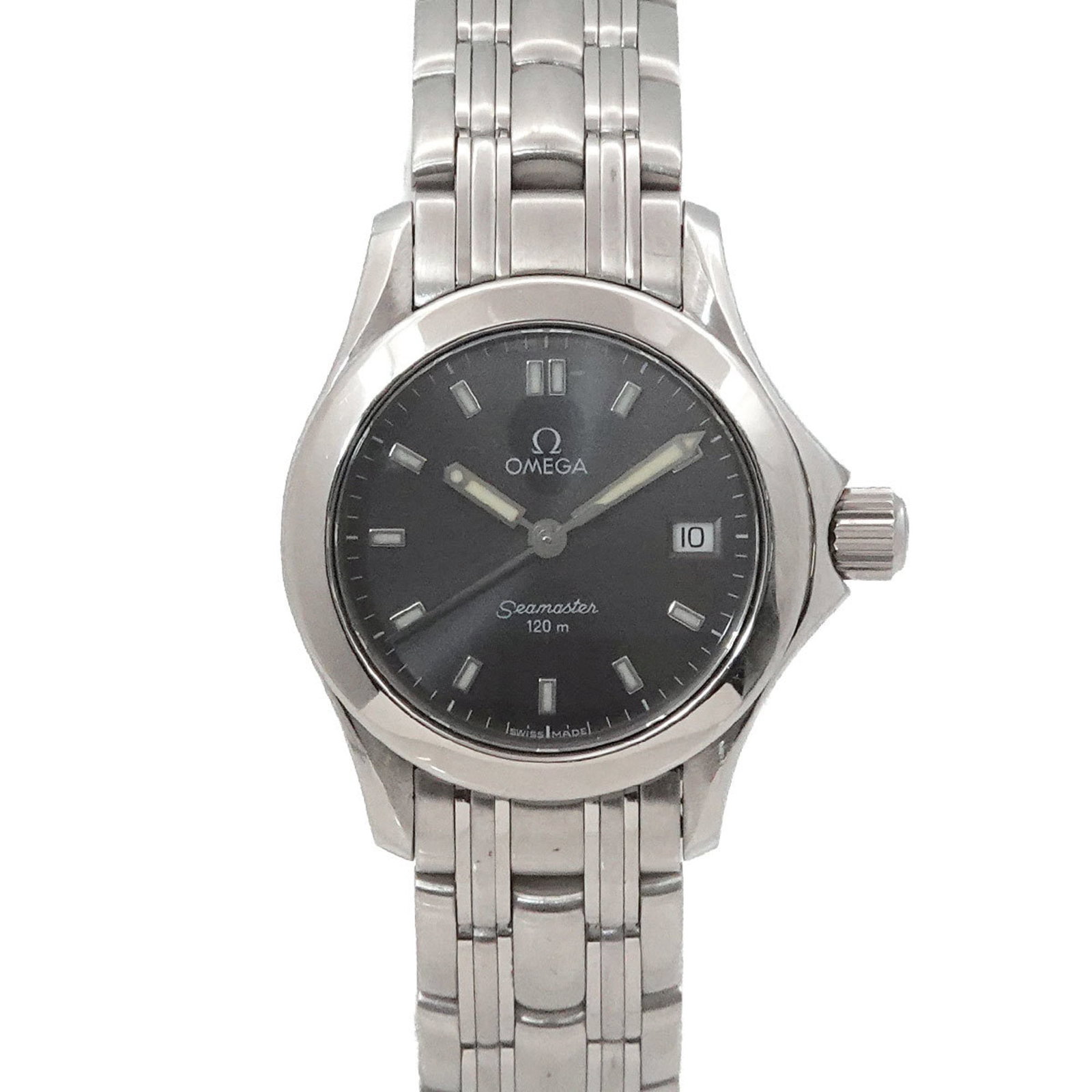 Omega Wristwatch: Omega Wristwatch Stainless steel case and band add a sleek touch to this Omega wristwatch, featuring a gray dial. The quartz movement keeps time with precision, while the 26mm diameter case fits