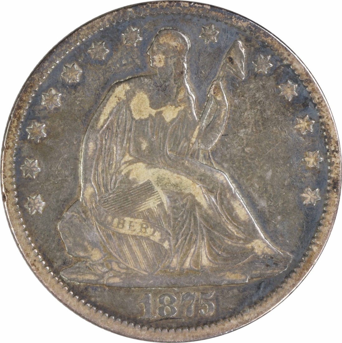 1875 Liberty Seated Silver Half Dollar VF Uncertified: 1875 Liberty Seated Silver Half Dollar VF Uncertified 1875 Liberty Seated Silver Half Dollar in Fine Uncirculated Condition. This circulated coin from the No Mint Mark series features Seated Liberty o