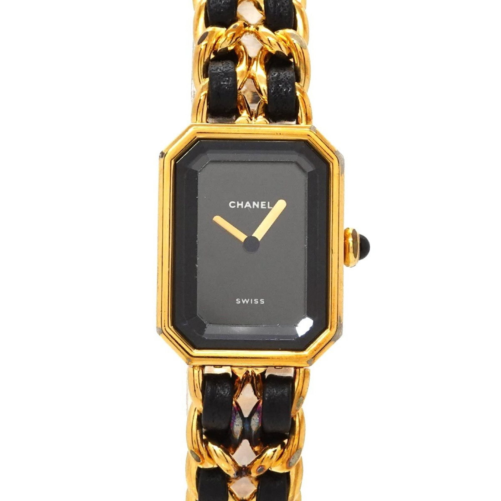Chanel Wristwatch: Chanel Wristwatch Gold plated, stainless steel case and band combine with a sleek black dial to create a sophisticated timepiece. This Chanel wristwatch features a quartz movement and measures 20mm in