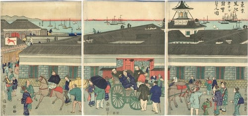 Kuniteru II 1869 Ukiyo e Woodblock Print Tokyo Tsukiji Hotel Triptych Oban (1 of 1)
