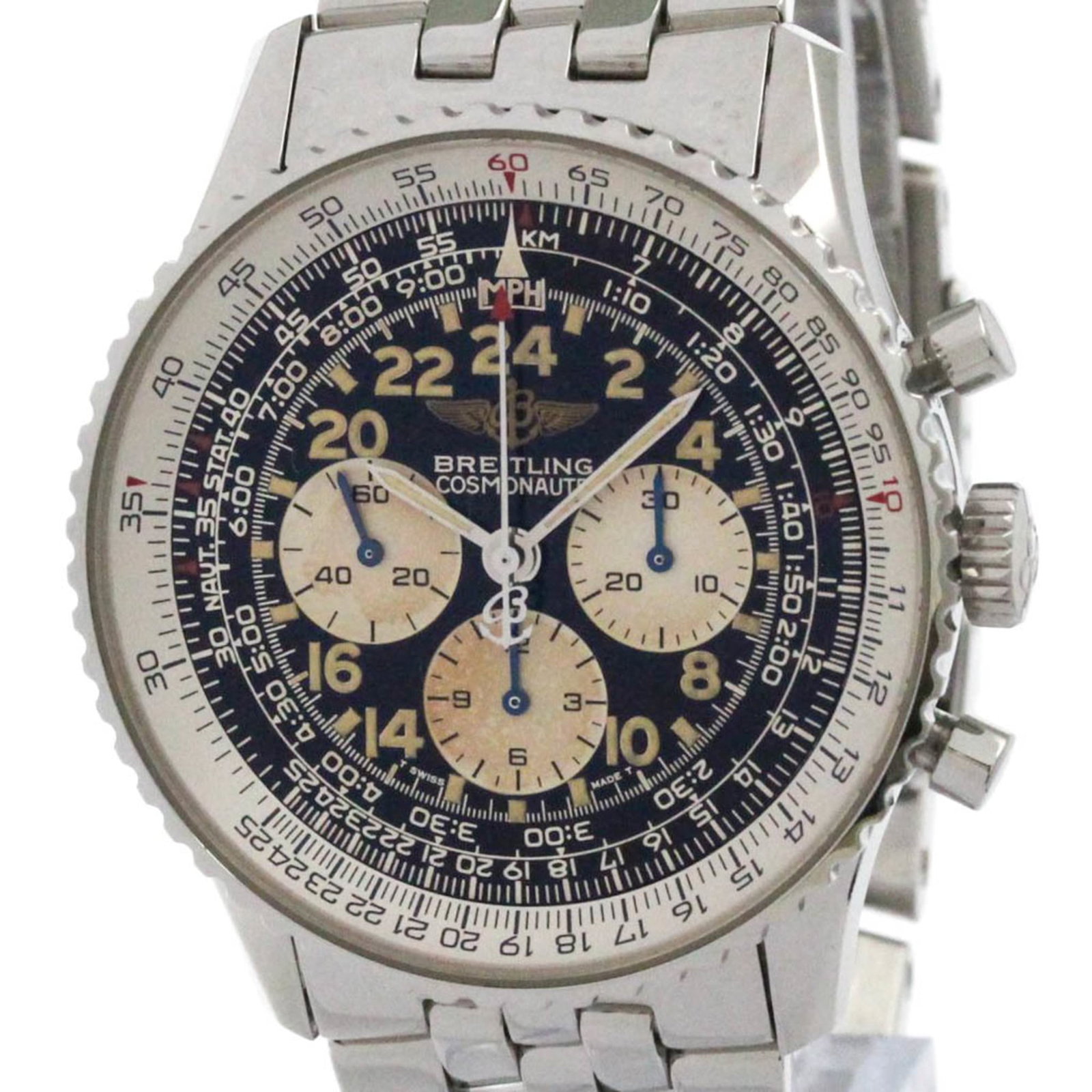 Breitling Wristwatch: Breitling Wristwatch Stainless steel case and band, the Breitling Navitimer A12023 wristwatch boasts a sleek black dial. Powered by a manual winding mechanical movement, this sporty timepiece features