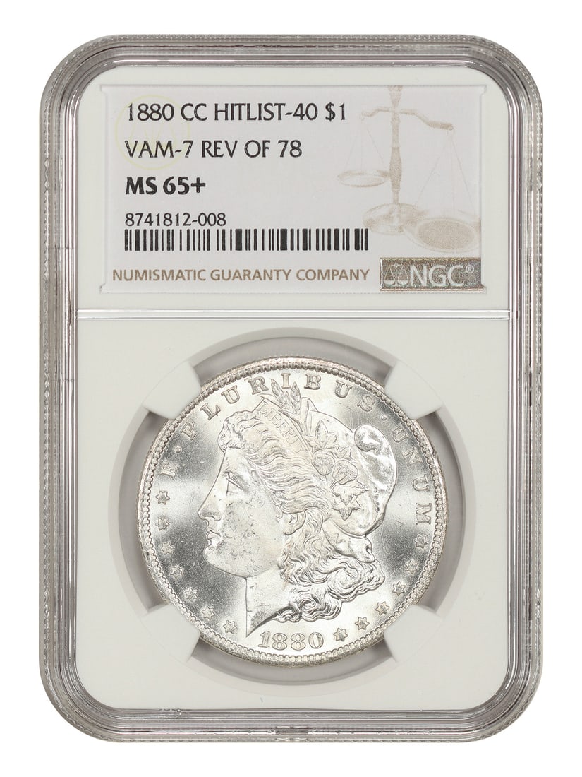 1880-CC $1 NGC MS65+ (VAM-7, 8/ 7, Reverse of 1878) - Morgan Dollar: 1880-CC $1 NGC MS65+ (VAM-7, 8/ 7, Reverse of 1878) - Morgan Dollar The 1880-CC $1 Morgan Dollar, certified MS65+ by the Numismatic Guaranty Corporation (NGC), boasts a striking appearance with its VA