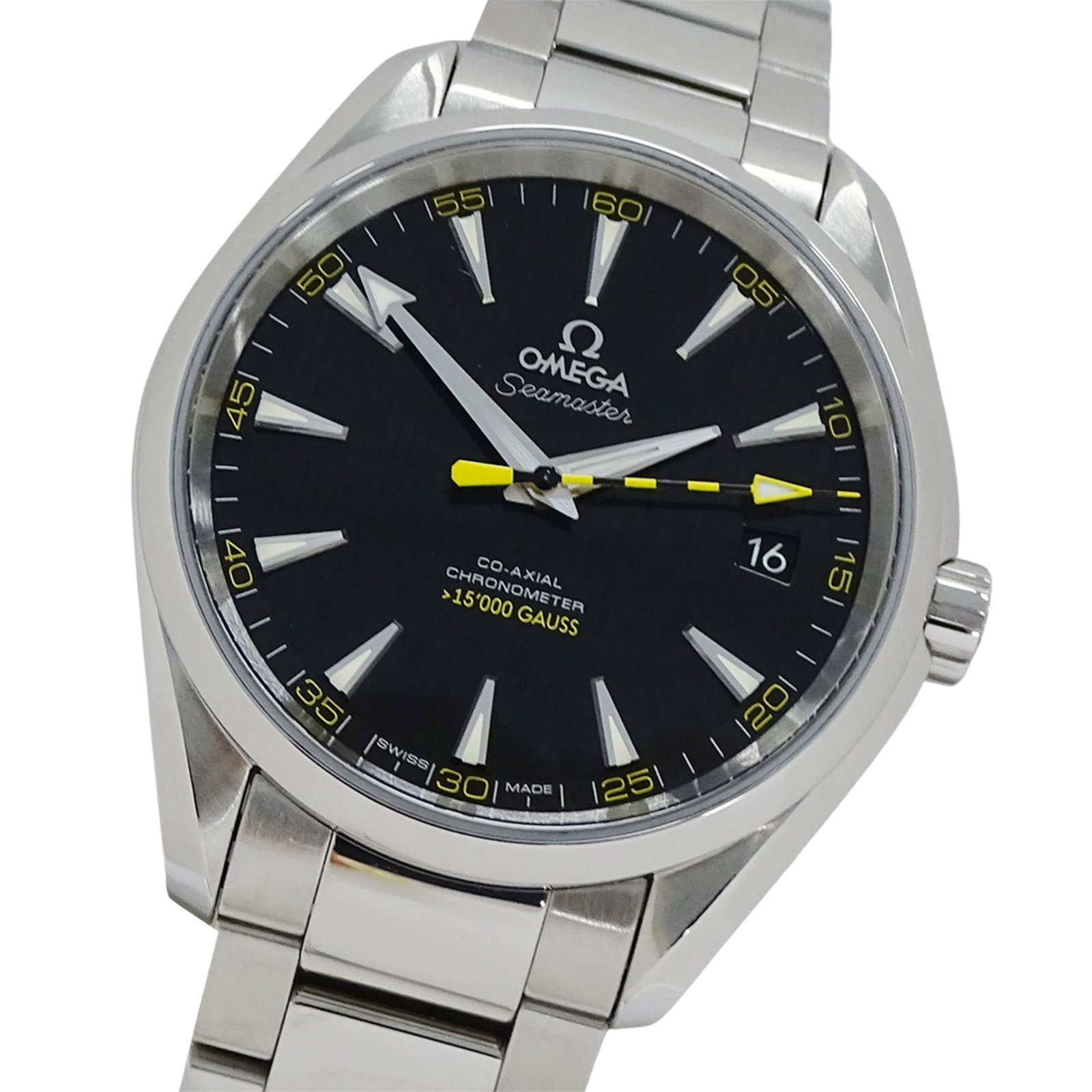 Omega Wristwatch: Omega Wristwatch Stainless steel case and band, Omega's self-winding automatic movement, and a sleek black dial make this 41mm watch a stylish timepiece. The watch features a durable stainless steel c