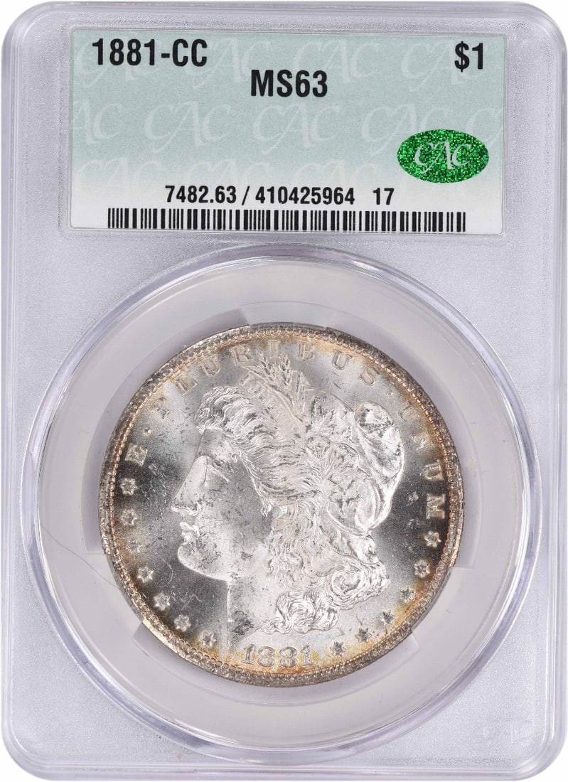 1881-CC Morgan Silver Dollar MS63 CACG: 1881-CC Morgan Silver Dollar MS63 CACG The 1881-CC Morgan Silver Dollar MS63 CACG boasts exceptional condition, with its circulated grade and CACG certification showcasing its impressive state of pres