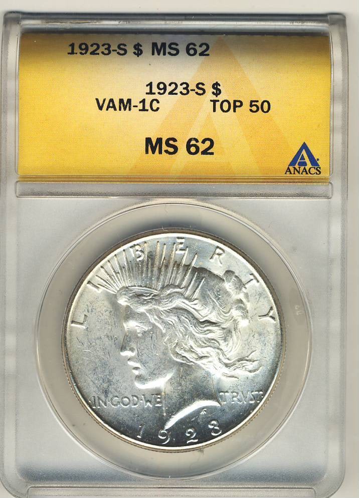 C3050- 1923-S VAM-1C PITTED REVERSE TOP 50 PEACE DOLLAR ANACS MS62: C3050- 1923-S VAM-1C PITTED REVERSE TOP 50 PEACE DOLLAR ANACS MS62 1923-S VAM-1C Pitted Reverse Top 50 Peace Dollar, graded MS62 by ANACS. This uncirculated coin boasts a unique pitting on the reverse