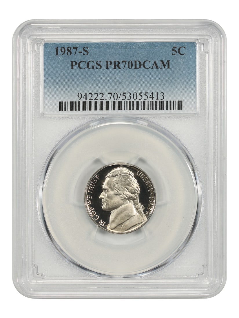 5C 1987 S PR70DCAM PCGS Jefferson: 5C 1987 S PR70DCAM PCGS Jefferson The 1987 San Francisco Mint Jefferson nickel (5C) is graded PCGS PR70DCAM, indicating it's in pristine condition with a high level of detail preservation. This coin f
