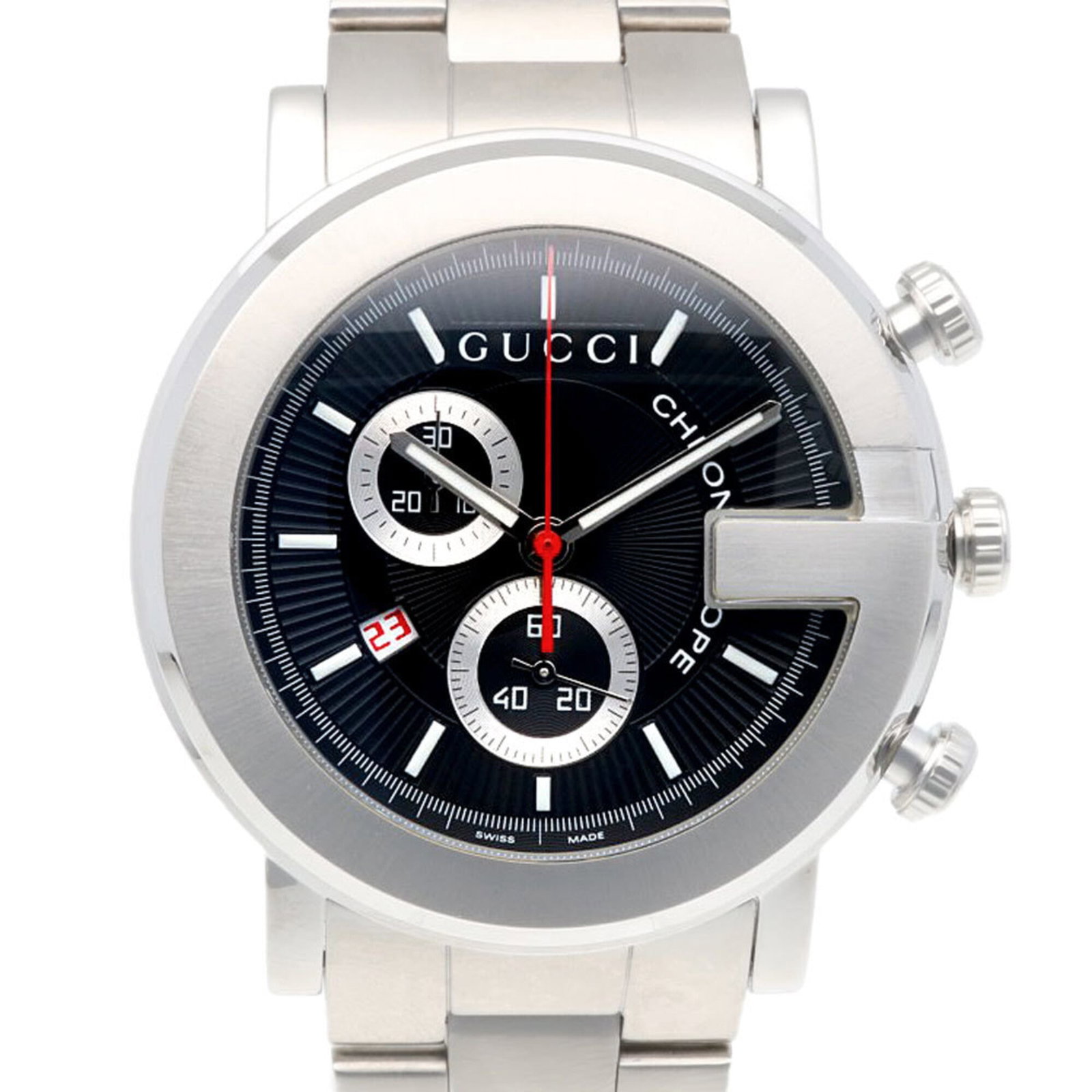 Wristwatch from Gucci: Wristwatch from Gucci Stainless steel case and band, the Gucci wristwatch boasts a sleek black dial. Measuring 43.5mm in diameter, it's designed to fit wrists up to 19cm in size. With its quartz movem