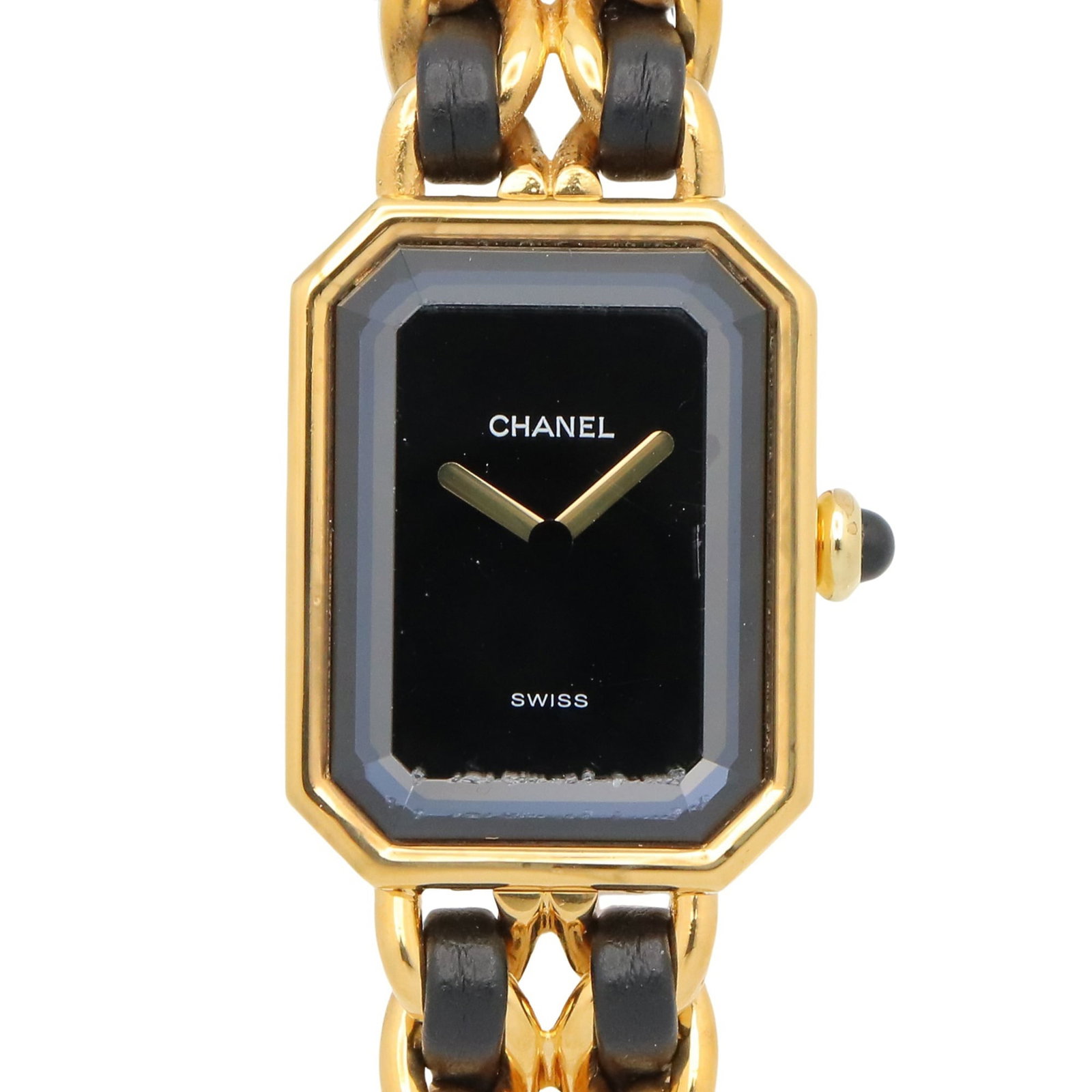 Chanel Wristwatch: Chanel Wristwatch Gold plated, leather-strapped Chanel wristwatch with a black dial and quartz movement. Measuring 20mm in diameter, this stylish timepiece features a sleek design that complements its