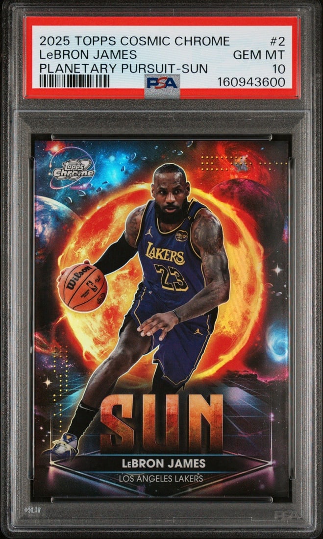 2025 TOPPS COSMIC CHROME LEBRON JAMES #2 PLANETARY PURSUIT SUN PSA 10: 2025 TOPPS COSMIC CHROME LEBRON JAMES #2 PLANETARY PURSUIT SUN PSA 10 The 2025 Topps Cosmic Chrome LeBron James #2 Planetary Pursuit Sun card features LeBron's autograph, showcasing his impressive ski