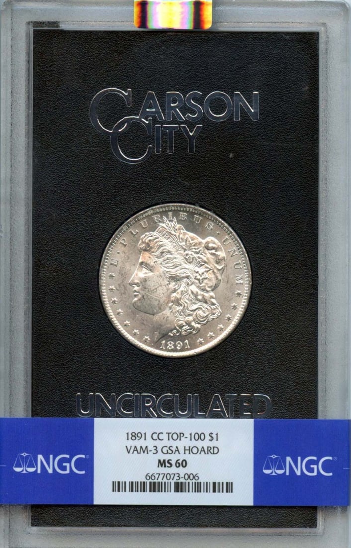 1891-CC TOP-100 Morgan Dollar VAM-3 GSA HOARD S$1 NGC MS60: 1891-CC TOP-100 Morgan Dollar VAM-3 GSA HOARD S$1 NGC MS60 The 1891-CC TOP-100 Morgan Dollar VAM-3 GSA HOARD S$1 NGC MS60 is an uncirculated coin featuring the iconic design of George T. Morgan, minte