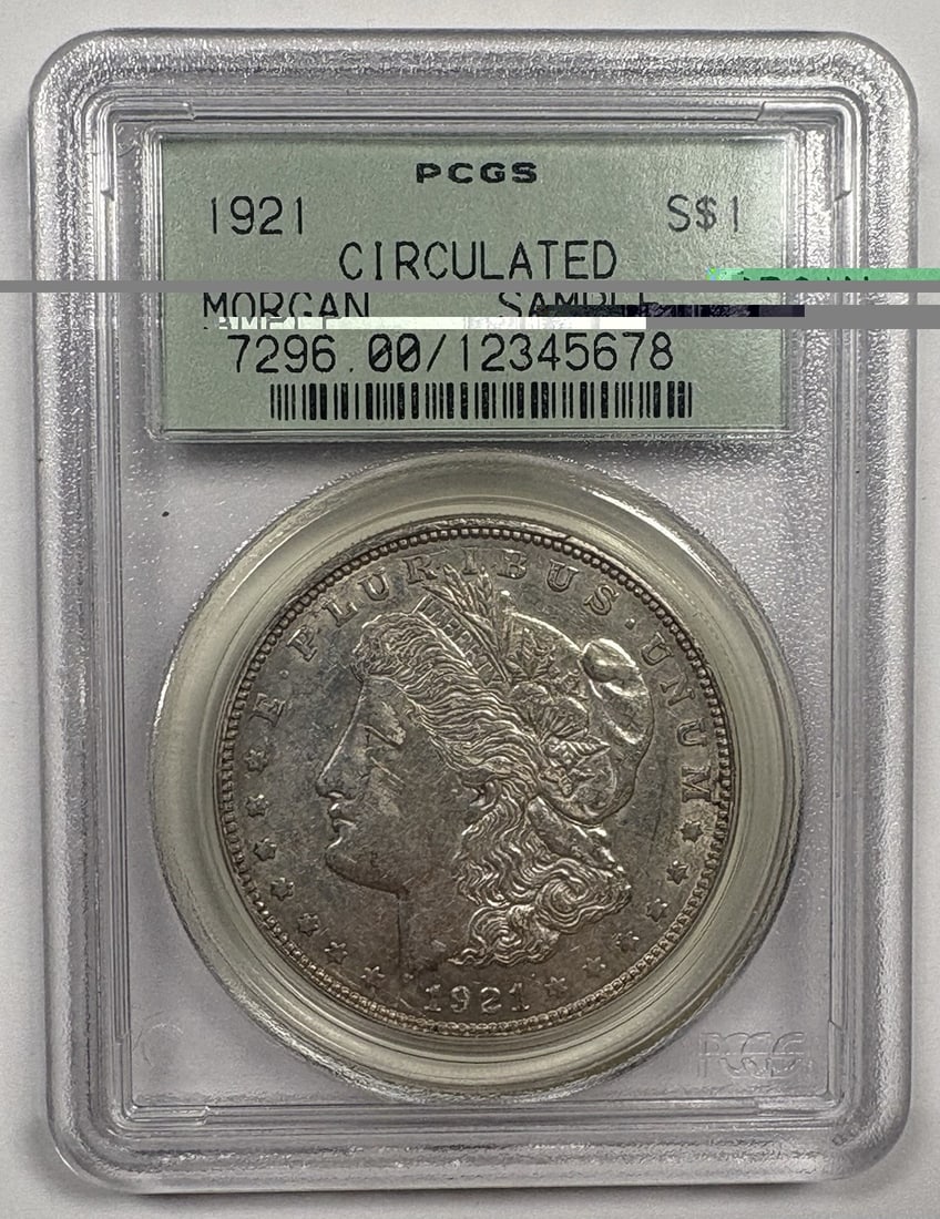 Morgan Dollar 1921 Sample Slab: Morgan Dollar 1921 Sample Slab The Morgan Dollar 1921 Sample Slab is a rare and unique collectible featuring the iconic design of the $1 coin from Philadelphia's 1921 mint. This slab showcases the coi