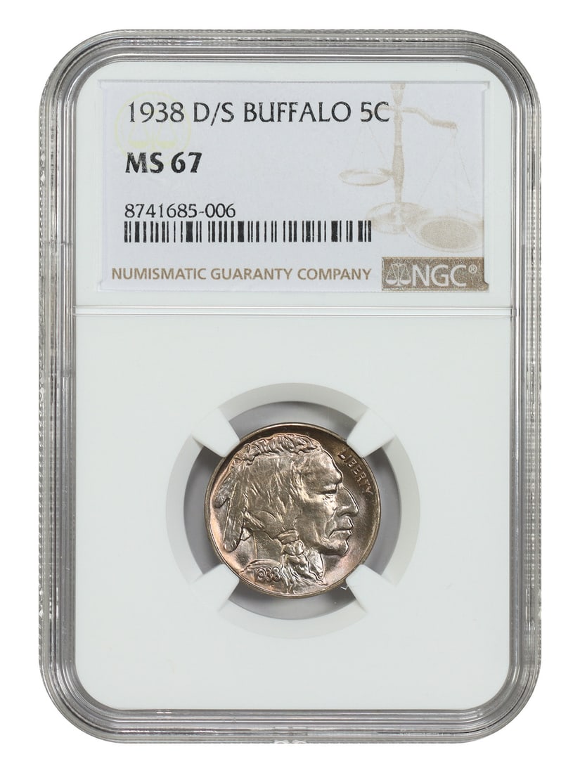1938-D/ S 5C Buffalo NGC MS67 - Buffalo Nickel - Popular Variety: 1938-D/ S 5C Buffalo NGC MS67 - Buffalo Nickel - Popular Variety The 1938-D/ S Buffalo Nickel, certified NGC MS67, boasts a striking appearance with its distinct design elements. This popular variety