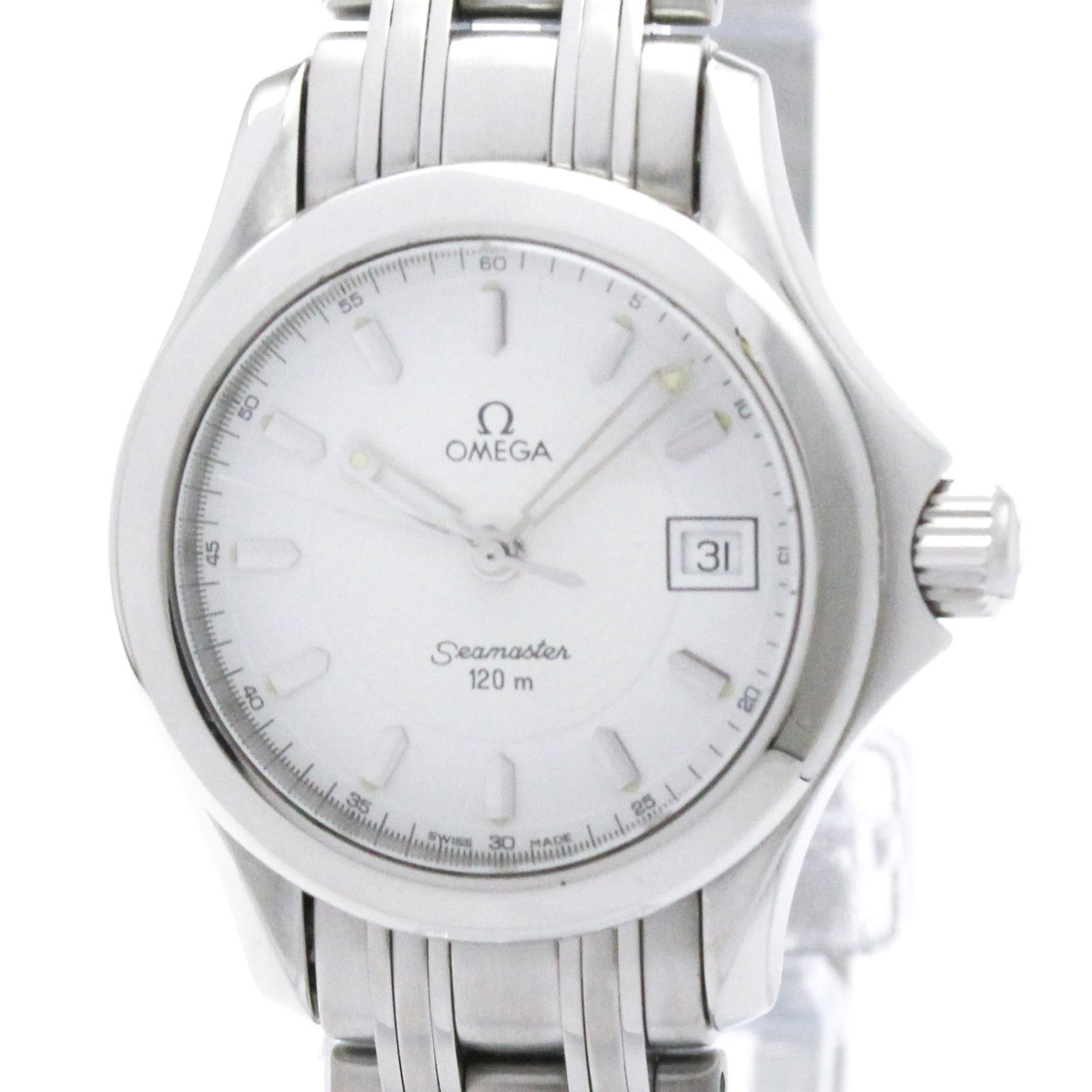 Omega Wristwatch: Omega Wristwatch Stainless steel case and band provide a sleek, sporty look. The quartz movement keeps accurate time, with additional features like date display. This Omega Seamaster watch boasts a
