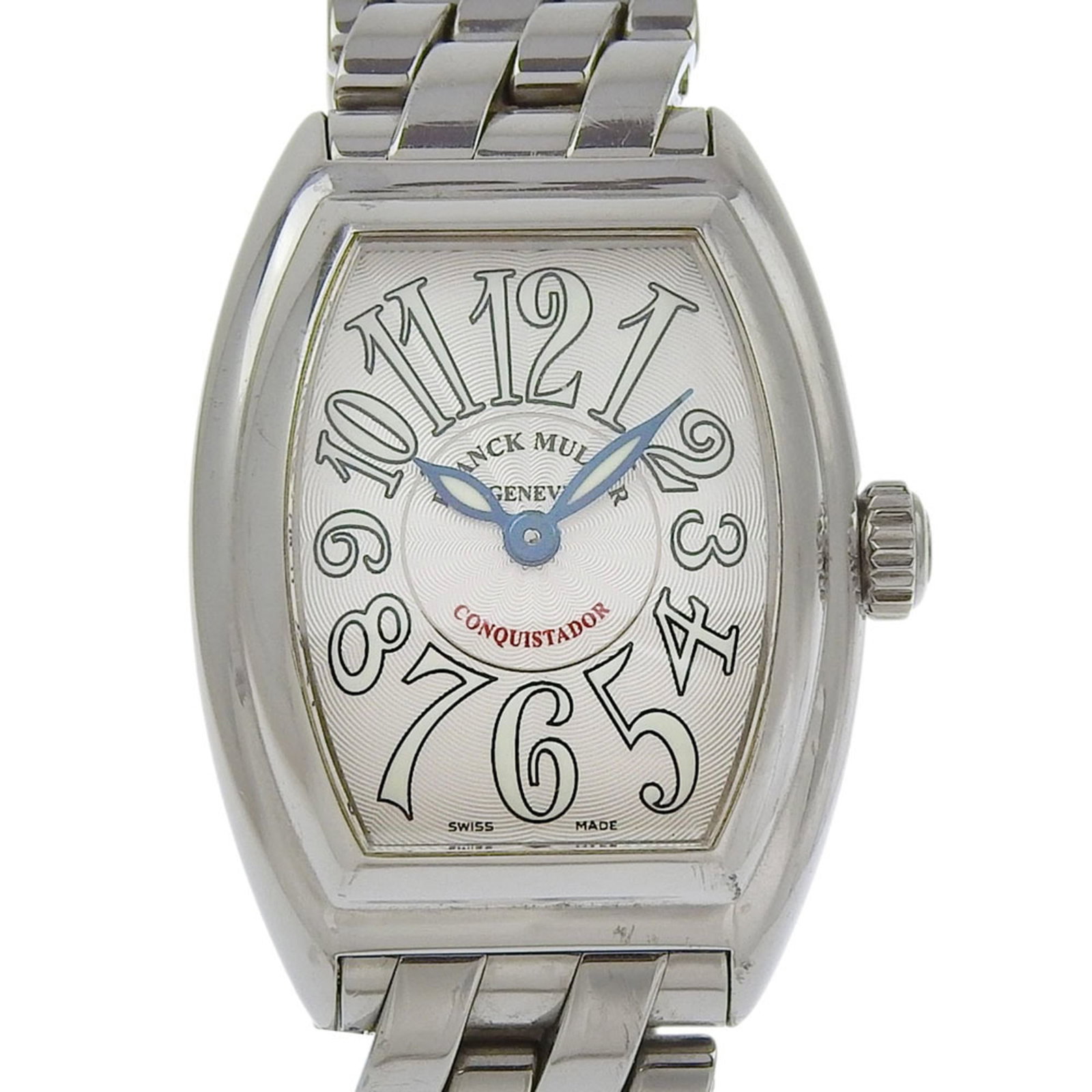 Franck Muller Wristwatch: Franck Muller Wristwatch The Franck Muller Conquistador watch boasts a sleek silver dial and stainless steel case, measuring 28mm in diameter. Its quartz movement ensures precise timekeeping, while th