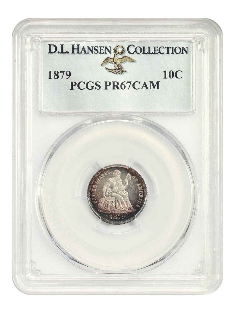 PCGS PR67CAM ex D.L. Hansen 10C 1879: PCGS PR67CAM ex D.L. Hansen 10C 1879 The PCGS PR67CAM ex D.L. Hansen 10C 1879 is an uncirculated coin featuring the Philadelphia mint mark, graded by the Professional Coin Grading Service (PCGS) at a 