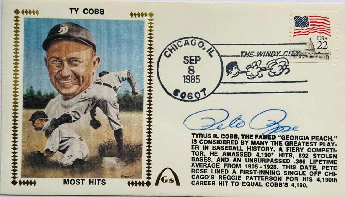 Pete Rose Autographed First Day Cover "Most Hits" (JSA): Pete Rose Autographed First Day Cover "Most Hits" (JSA) Signed in blue pen across the front of the cover, Pete Rose's autograph adds a unique touch to this First Day Cover commemorating his impressive