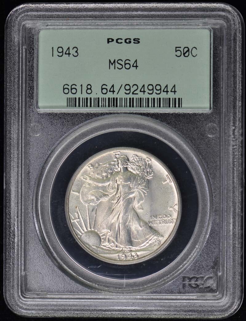 1943 50C Walking Liberty Half Dollar PCGS MS64: 1943 50C Walking Liberty Half Dollar PCGS MS64 PCGS MS64 certification ensures the coin's high level of quality, with its well-defined details and smooth surfaces. The Walking Liberty Half Dollar desi