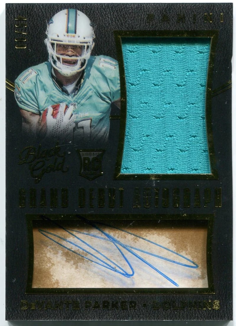 DeVante Parker Panini Black Gold Grand Debut Autograph Rookie Patch 2015 45/ 99: DeVante Parker Panini Black Gold Grand Debut Autograph Rookie Patch 2015 45/ 99 The DeVante Parker Panini Black Gold Grand Debut Autograph Rookie Patch 2015 is a unique collectible featuring an autogr