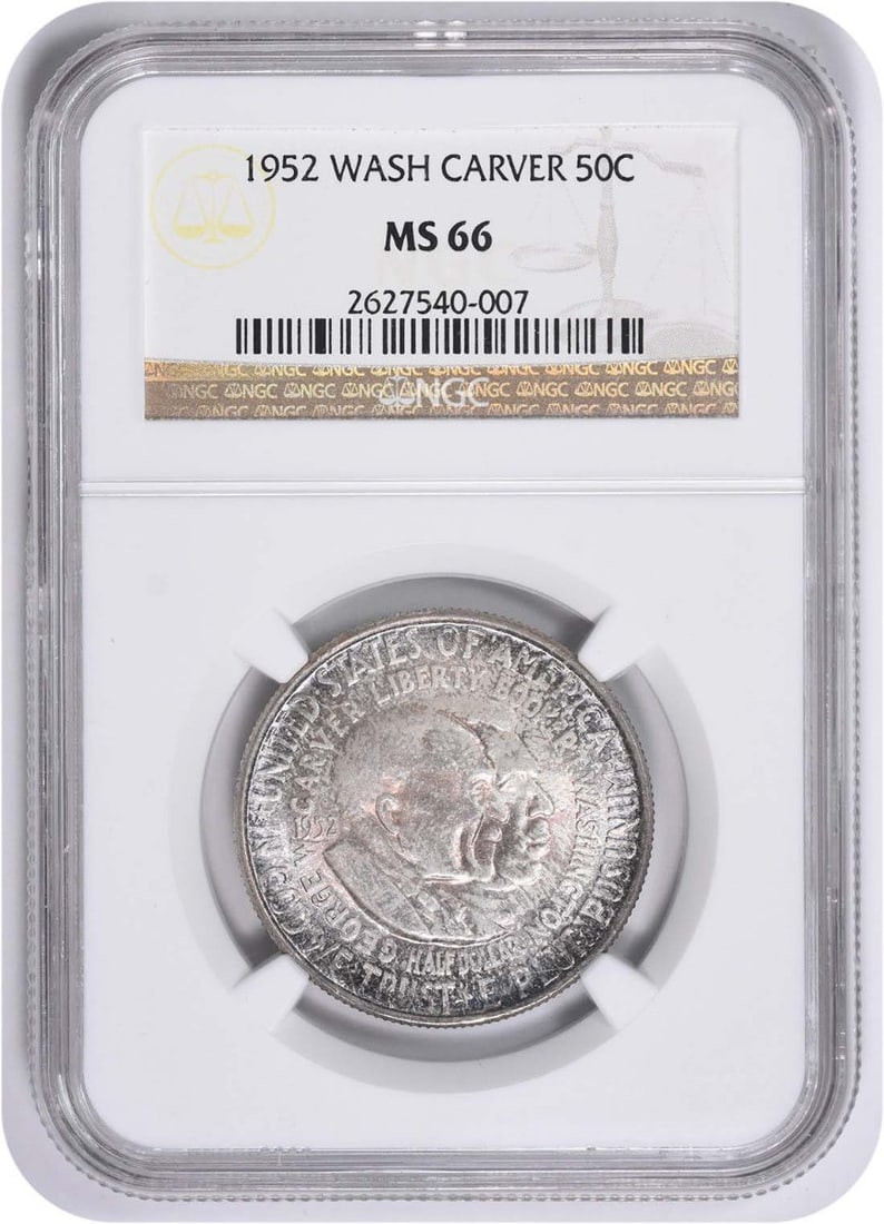 W. Carver Commemorative Silver Half Dollar 1952 MS66 NGC: W. Carver Commemorative Silver Half Dollar 1952 MS66 NGC The W. Carver Commemorative Silver Half Dollar, minted in 1952, boasts an impressive MS66 grade from the NGC, indicating exceptional condition 