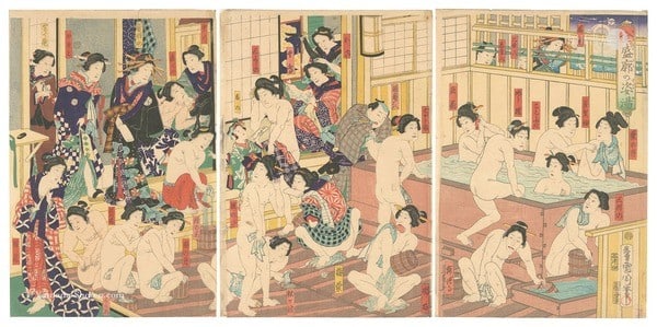 Meiji 1868 Pleasure Quarters Bathhouse Triptych Print Woodblock Kunichika: Meiji 1868 Pleasure Quarters Bathhouse Triptych Print Woodblock Kunichika Item Specifics: Artist: Toyohara Kunichika Subject: Bathhouse in Pleasure Quarters Material: Washi Paper Style: Japanese Year